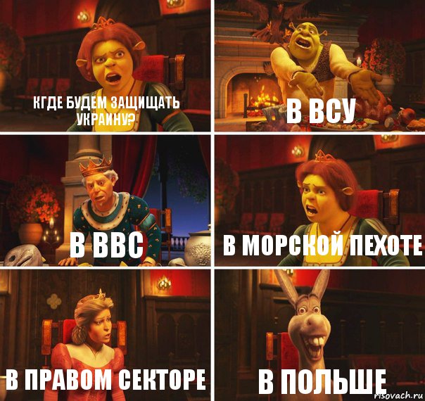 кГде будем защищать Украину? В ВСУ в ВВС В морской пехоте В правом секторе В Польше, Комикс  Шрек Фиона Гарольд Осел