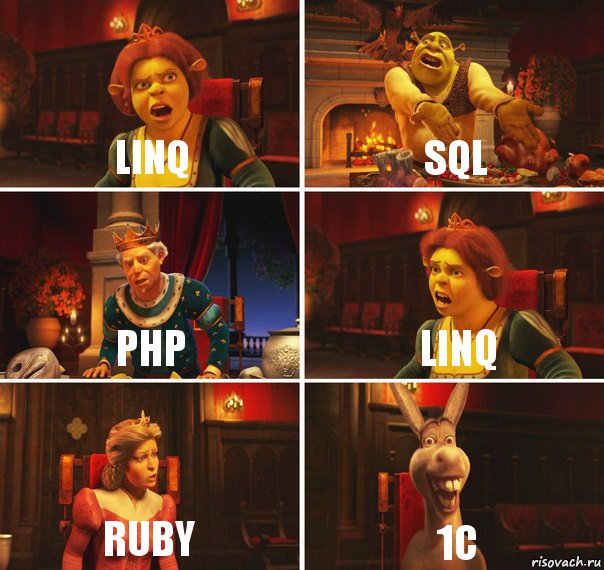 LINQ SQL PHP LINQ RUBY 1C, Комикс  Шрек Фиона Гарольд Осел