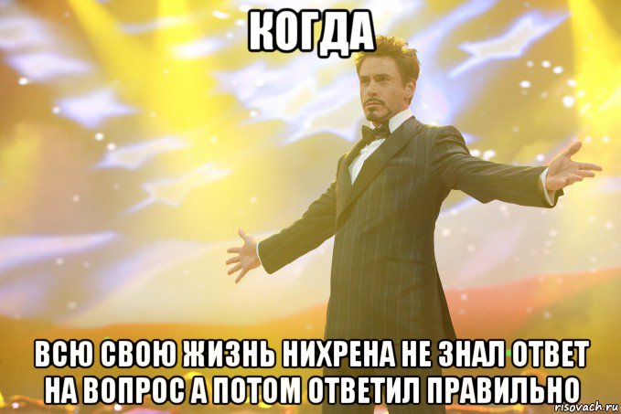 когда всю свою жизнь нихрена не знал ответ на вопрос а потом ответил правильно, Мем Тони Старк (Роберт Дауни младший)