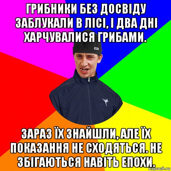 грибники без досвіду заблукали в лісі, і два дні харчувалися грибами. зараз їх знайшли, але їх показання не сходяться. не збігаються навіть епохи.