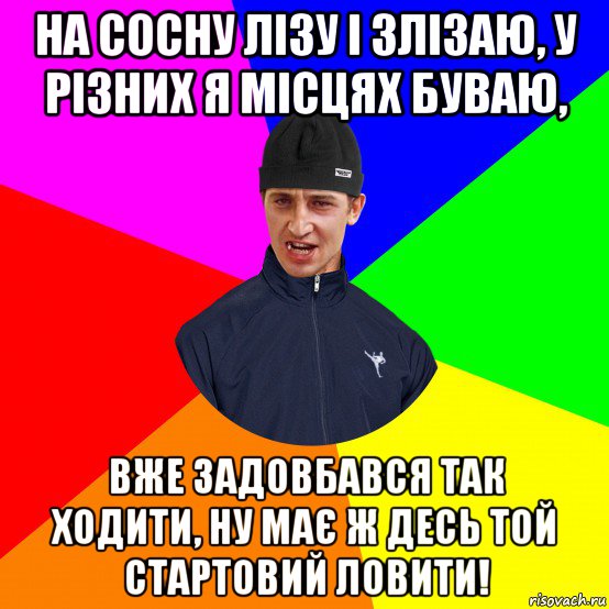 на сосну лізу і злізаю, у різних я місцях буваю, вже задовбався так ходити, ну має ж десь той стартовий ловити!