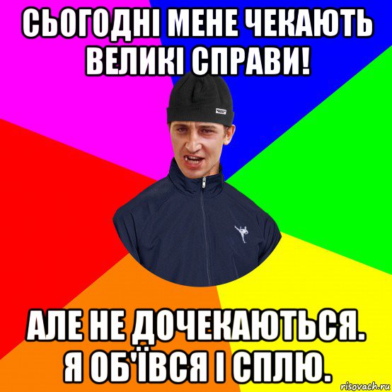 сьогодні мене чекають великі справи! але не дочекаються. я об'ївся і сплю.
