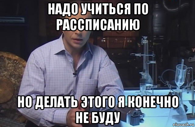 надо учиться по рассписанию но делать этого я конечно не буду, Мем Я конечно не буду