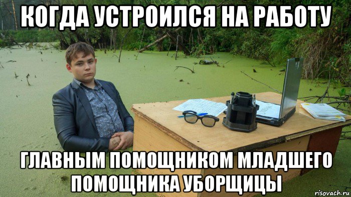 когда устроился на работу главным помощником младшего помощника уборщицы, Мем  Парень сидит в болоте