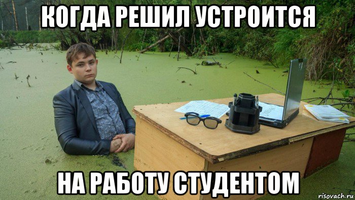 когда решил устроится на работу студентом, Мем  Парень сидит в болоте