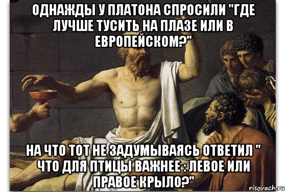 однажды у платона спросили "где лучше тусить на плазе или в европейском?" на что тот не задумываясь ответил " что для птицы важнее : левое или правое крыло?"