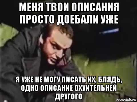 меня твои описания просто доебали уже я уже не могу писать их, блядь, одно описание охуительней другого
