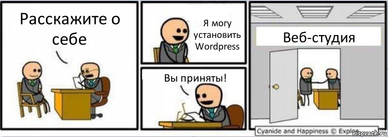 Расскажите о себе Я могу установить Wordpress Вы приняты! Веб-студия, Комикс Собеседование на работу