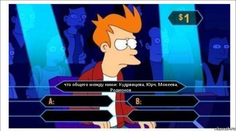 что общего между ними: Кудрявцева, Юрч, Мокеева, Родионов    , Комикс  фрай кто хочет стать миллионером