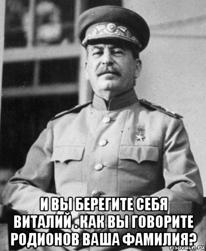  и вы берегите себя виталий . как вы говорите родионов ваша фамилия?, Мем   Сталин в фуражке