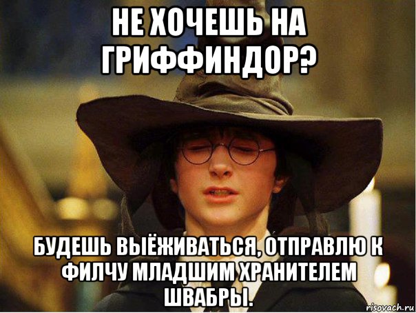 не хочешь на гриффиндор? будешь выёживаться, отправлю к филчу младшим хранителем швабры.