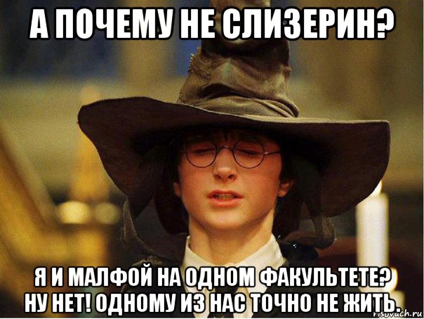 а почему не слизерин? я и малфой на одном факультете? ну нет! одному из нас точно не жить.