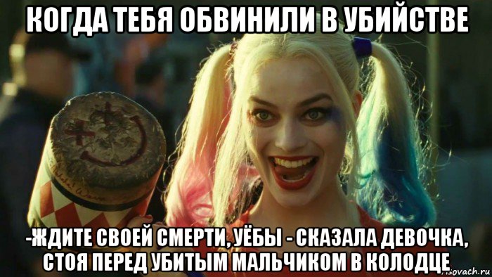 когда тебя обвинили в убийстве -ждите своей смерти, уёбы - сказала девочка, стоя перед убитым мальчиком в колодце, Мем    Harley quinn