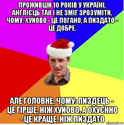 проживши 10 років у україні, англієць так і не зміг зрозуміти, чому: хуйово - це погано, а пиздато - це добре. але головне, чому: пиздець - це гірше, ніж хуйово, а охуєнно - це краще, ніж пиздато, Мем Новогодний паца