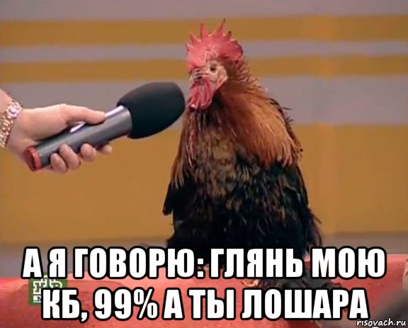  а я говорю: глянь мою кб, 99% а ты лошара, Мем Интервью с петухом