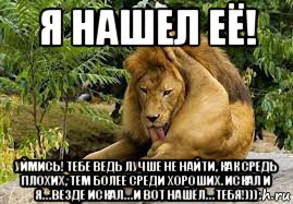 я нашел её! уймись! тебе ведь лучше не найти, как средь плохих, тем более среди хороших. искал и я… везде искал… и вот нашёл… тебя!))), Мем лев яйца лижет