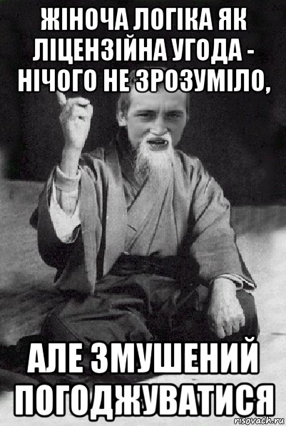 жіноча логіка як ліцензійна угода - нічого не зрозуміло, але змушений погоджуватися, Мем Мудрий паца