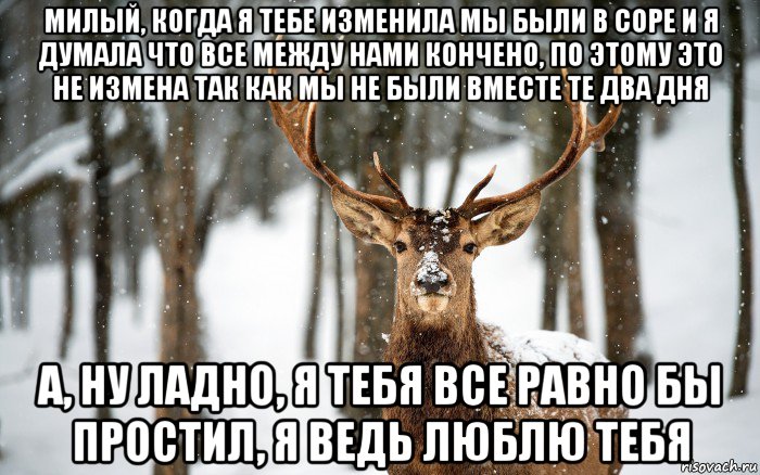 милый, когда я тебе изменила мы были в соре и я думала что все между нами кончено, по этому это не измена так как мы не были вместе те два дня а, ну ладно, я тебя все равно бы простил, я ведь люблю тебя