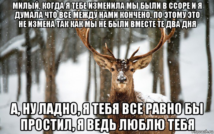 милый, когда я тебе изменила мы были в ссоре и я думала что все между нами кончено, по этому это не измена так как мы не были вместе те два дня а, ну ладно, я тебя все равно бы простил, я ведь люблю тебя