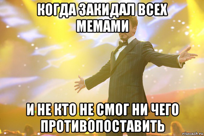 когда закидал всех мемами и не кто не смог ни чего противопоставить, Мем Тони Старк (Роберт Дауни младший)