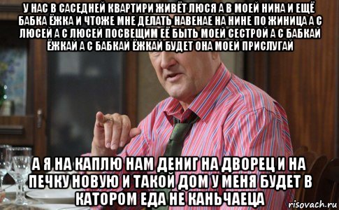 у нас в саседней квартири живёт люся а в моей нина и ещё бабка ёжка и чтоже мне делать навенае на нине по жиница а с люсей а с люсей посвещим её быть моей сестрой а с бабкай ёжкай а с бабкай ёжкай будет она моей прислугай а я на каплю нам дениг на дворец и на печку новую и такой дом у меня будет в катором еда не каньчаеца, Мем Тот Люся (Воронины)