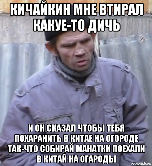 кичайкин мне втирал какуе-то дичь и он сказал чтобы тебя похаранить в китае на огороде так-что собирай манатки поехали в китай на огароды, Мем  Ты втираешь мне какую то дичь