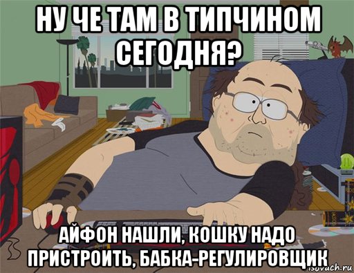 ну че там в типчином сегодня? айфон нашли, кошку надо пристроить, бабка-регулировщик, Мем   Задрот south park