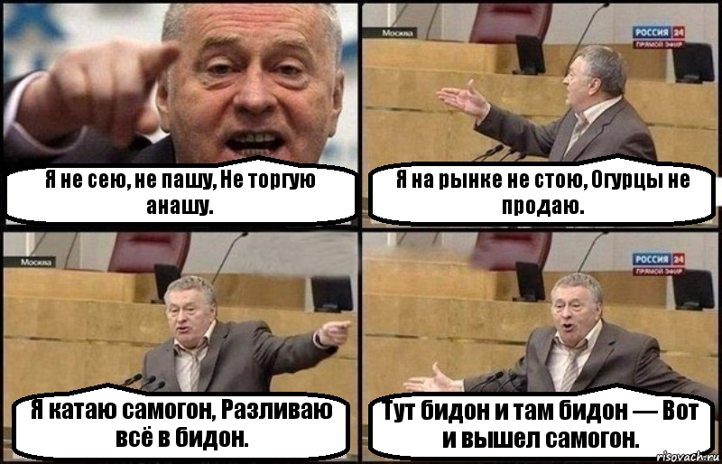 Я не сею, не пашу, Не торгую анашу. Я на рынке не стою, Огурцы не продаю. Я катаю самогон, Разливаю всё в бидон. Тут бидон и там бидон — Вот и вышел самогон., Комикс Жириновский