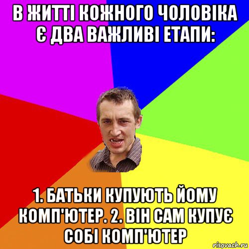 в житті кожного чоловіка є два важливі етапи: 1. батьки купують йому комп'ютер. 2. він сам купує собі комп'ютер, Мем Чоткий паца