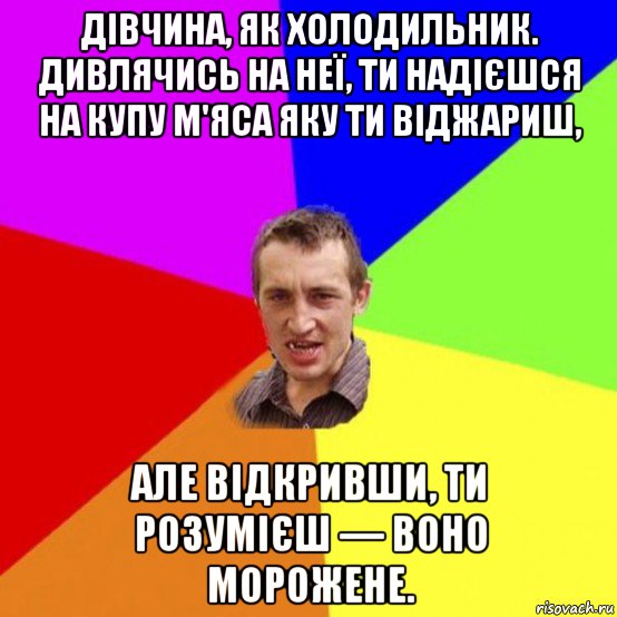 дівчина, як холодильник. дивлячись на неї, ти надієшся на купу м'яса яку ти віджариш, але відкривши, ти розумієш — воно морожене.