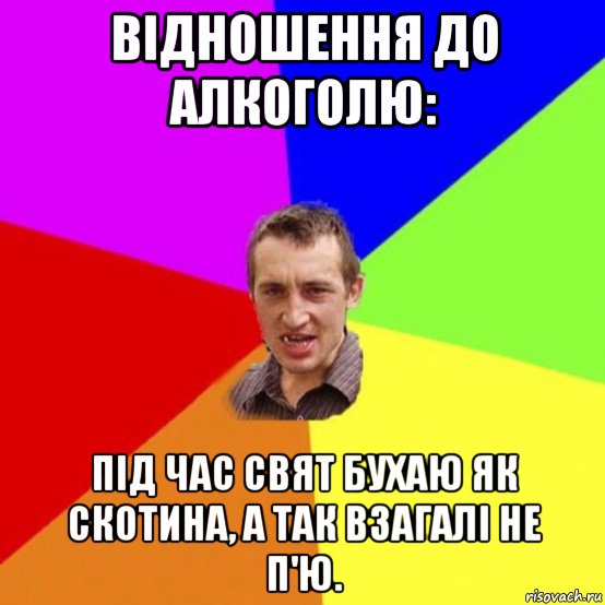 відношення до алкоголю: під час свят бухаю як скотина, а так взагалі не п'ю.