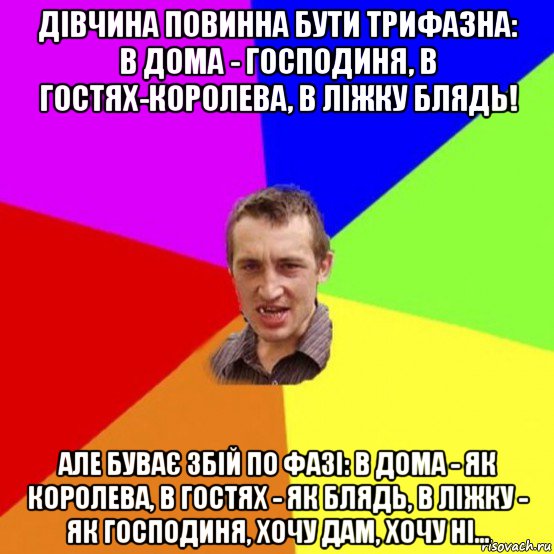 дівчина повинна бути трифазна: в дома - господиня, в гостях-королева, в ліжку блядь! але буває збій по фазі: в дома - як королева, в гостях - як блядь, в ліжку - як господиня, хочу дам, хочу ні...
