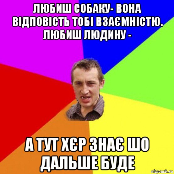 любиш собаку- вона відповість тобі взаємністю. любиш людину - а тут хєр знає шо дальше буде