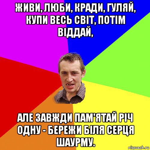 живи, люби, кради, гуляй, купи весь світ, потім віддай, але завжди пам'ятай річ одну - бережи біля серця шаурму., Мем Чоткий паца