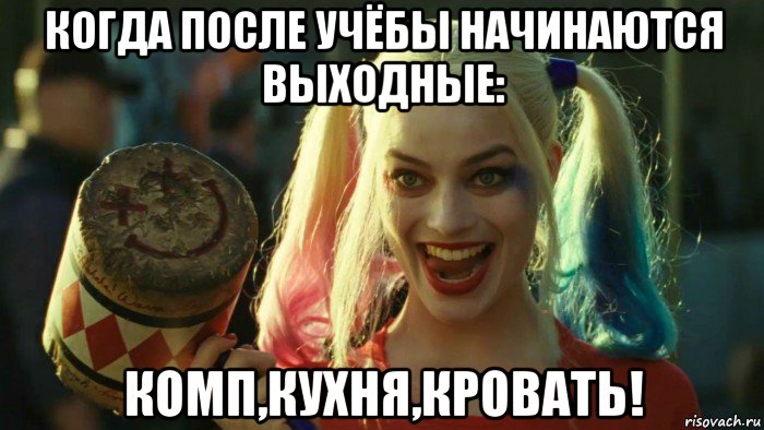 когда после учёбы начинаются выходные: комп,кухня,кровать!, Мем    Harley quinn