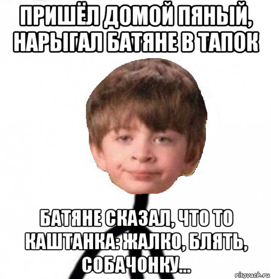 пришёл домой пяный, нарыгал батяне в тапок батяне сказал, что то каштанка: жалко, блять, собачонку..., Мем Кислолицый0