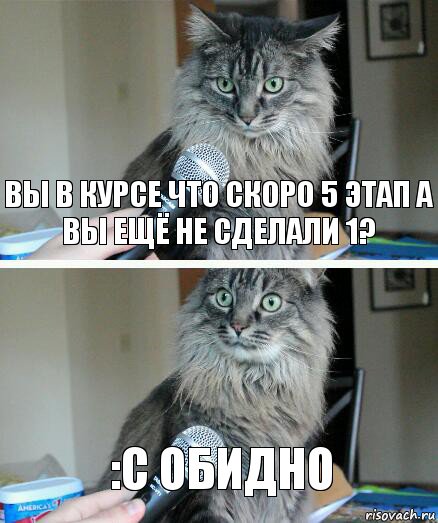 Вы в курсе что скоро 5 этап а вы ещё не сделали 1? :с обидно, Комикс  кот с микрофоном