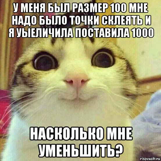 у меня был размер 100 мне надо было точки склеять и я уыеличила поставила 1000 насколько мне уменьшить?, Мем       Котяка-улыбака