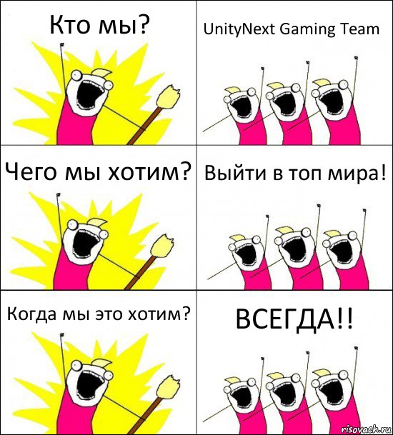 Кто мы? UnityNext Gaming Team Чего мы хотим? Выйти в топ мира! Когда мы это хотим? ВСЕГДА!!, Комикс кто мы