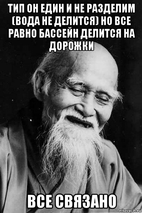 тип он един и не разделим (вода не делится) но все равно бассейн делится на дорожки все связано, Мем мудрец улыбается