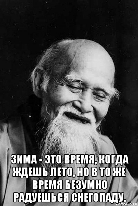  зима - это время, когда ждешь лето, но в то же время безумно радуешься снегопаду., Мем мудрец улыбается