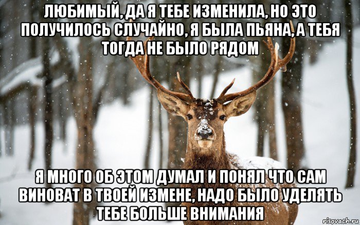 любимый, да я тебе изменила, но это получилось случайно, я была пьяна, а тебя тогда не было рядом я много об этом думал и понял что сам виноват в твоей измене, надо было уделять тебе больше внимания