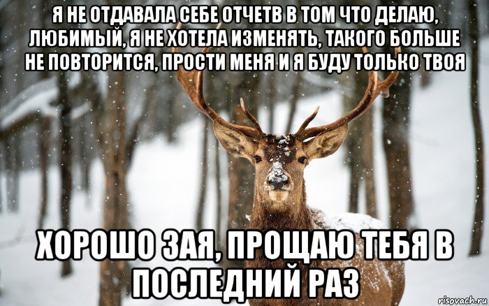 я не отдавала себе отчетв в том что делаю, любимый, я не хотела изменять, такого больше не повторится, прости меня и я буду только твоя хорошо зая, прощаю тебя в последний раз