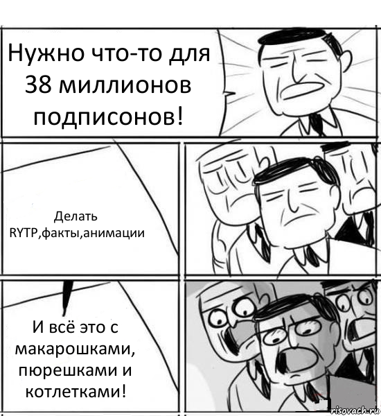 Нужно что-то для 38 миллионов подписонов! Делать RYTP,факты,анимации И всё это с макарошками, пюрешками и котлетками!