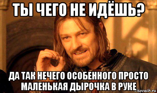 ты чего не идёшь? да так нечего особенного просто маленькая дырочка в руке, Мем Нельзя просто так взять и (Боромир мем)