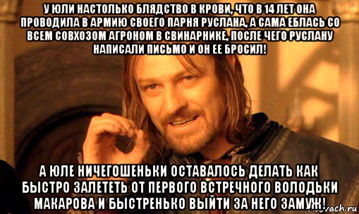 у юли настолько блядство в крови, что в 14 лет она проводила в армию своего парня руслана, а сама еблась со всем совхозом агроном в свинарнике, после чего руслану написали письмо и он ее бросил! а юле ничегошеньки оставалось делать как быстро залететь от первого встречного володьки макарова и быстренько выйти за него замуж!, Мем Нельзя просто так взять и (Боромир мем)