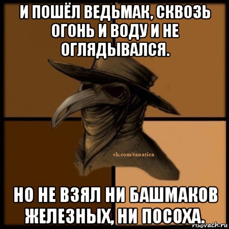 и пошёл ведьмак, сквозь огонь и воду и не оглядывался. но не взял ни башмаков железных, ни посоха., Мем Plague doctor