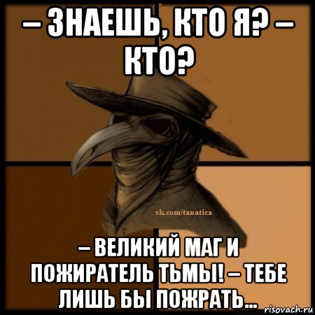 – знаешь, кто я? – кто? – великий маг и пожиратель тьмы! – тебе лишь бы пожрать..., Мем Plague doctor