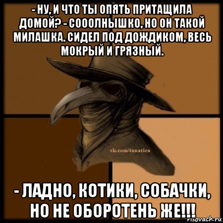 - ну, и что ты опять притащила домой? - сооолнышко, но он такой милашка. сидел под дождиком, весь мокрый и грязный. - ладно, котики, собачки, но не оборотень же!!!, Мем Plague doctor