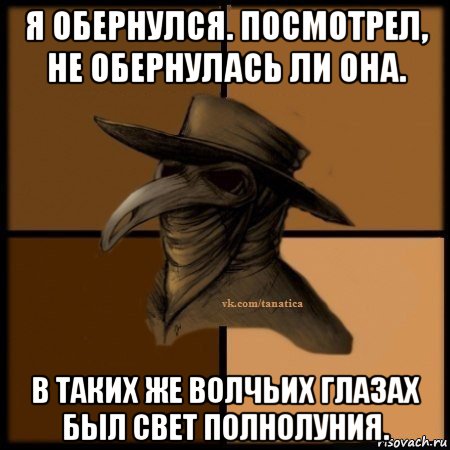 я обернулся. посмотрел, не обернулась ли она. в таких же волчьих глазах был свет полнолуния., Мем Plague doctor